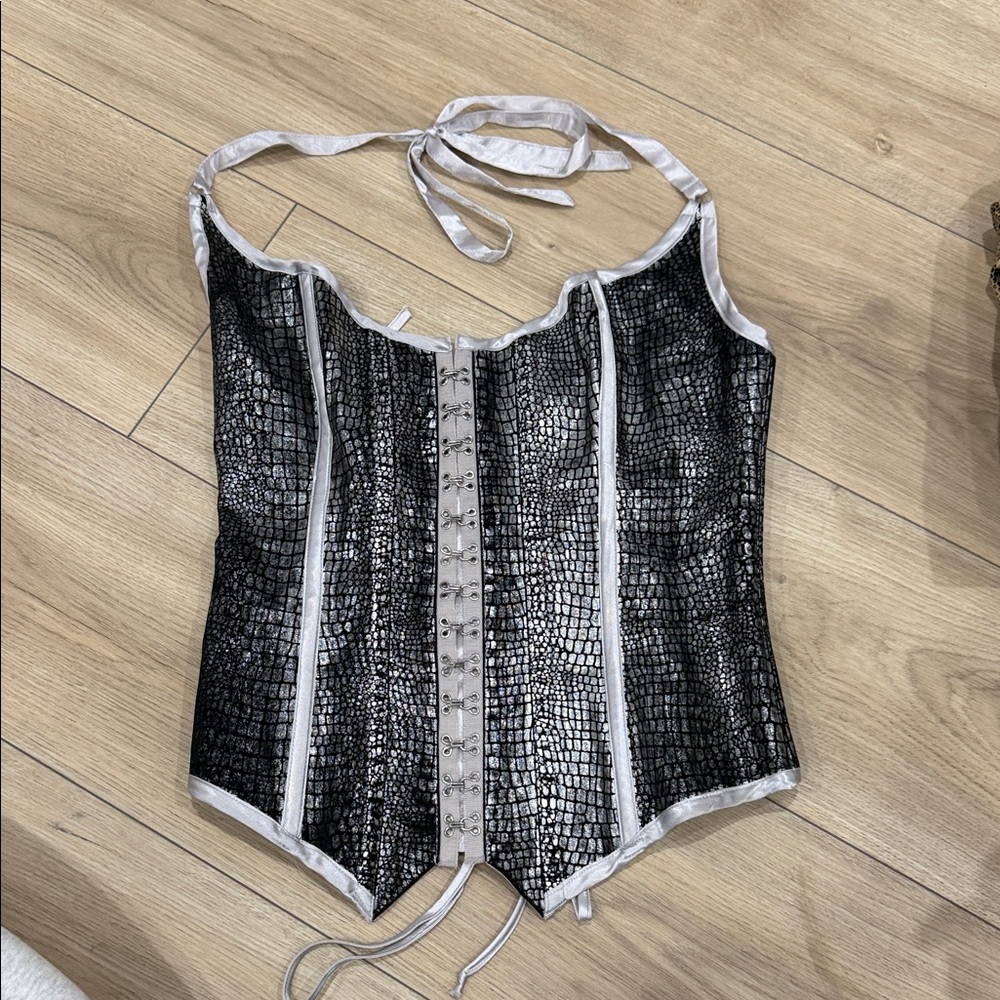 Frederick's of Hollywood Black and Silver Corset Top